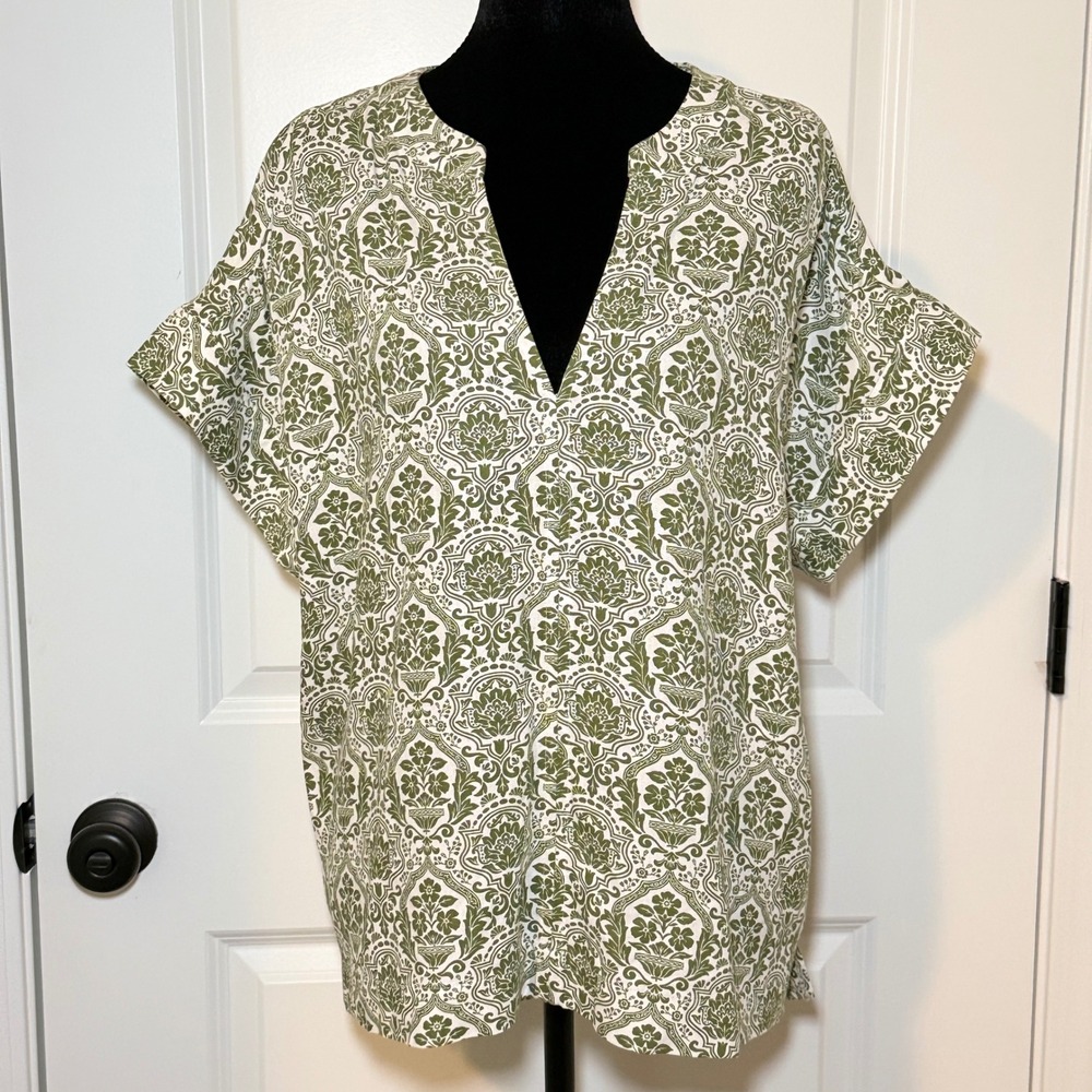 Sugarlips Olive Green Damask V-Neck Linen Blend Top Womens Large
